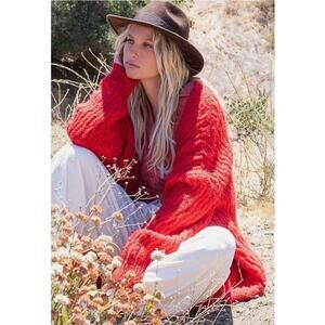 POL Cherry Red Boyfriend Cardigan Sweater Large Heavyweight Cable Knit Cozy